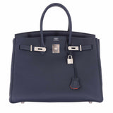 Hermes Birkin 35 Verso Blue Nuit Orange Poppy Togo Palladium Hardware