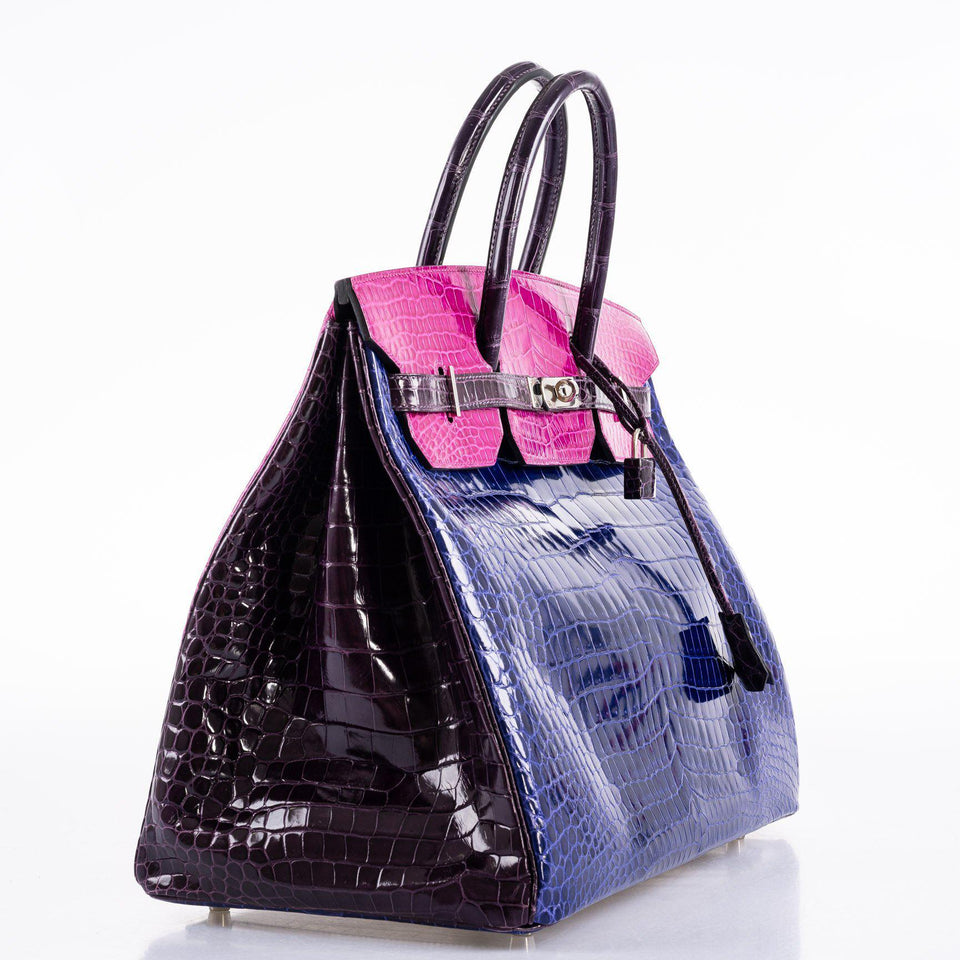 Hermes Birkin 40 Blue Electric, Rose Scheherazade, and Cassis Shiny Porosus Crocodile Palladium Hardware