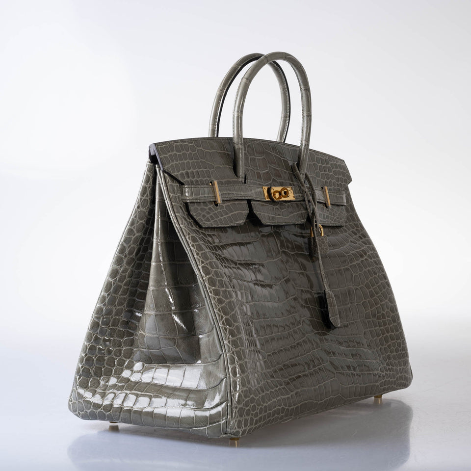 Hermes Birkin 40 Gris Tourterelle Shiny Porosus Crocodile Gold Hardware