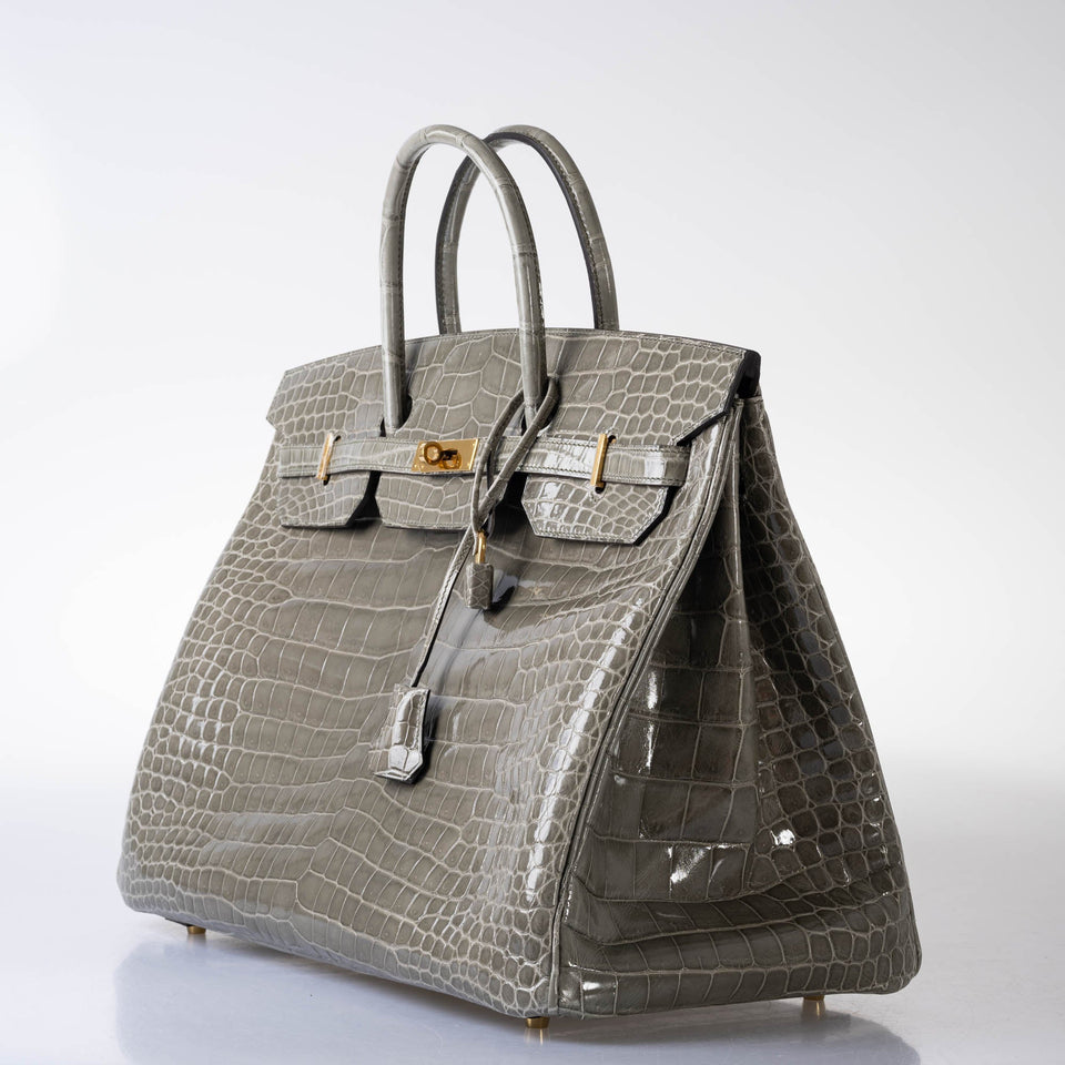 Hermes Birkin 40 Gris Tourterelle Shiny Porosus Crocodile Gold Hardware
