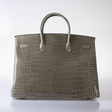 Hermes Birkin 40 Gris Tourterelle Shiny Porosus Crocodile Gold Hardware