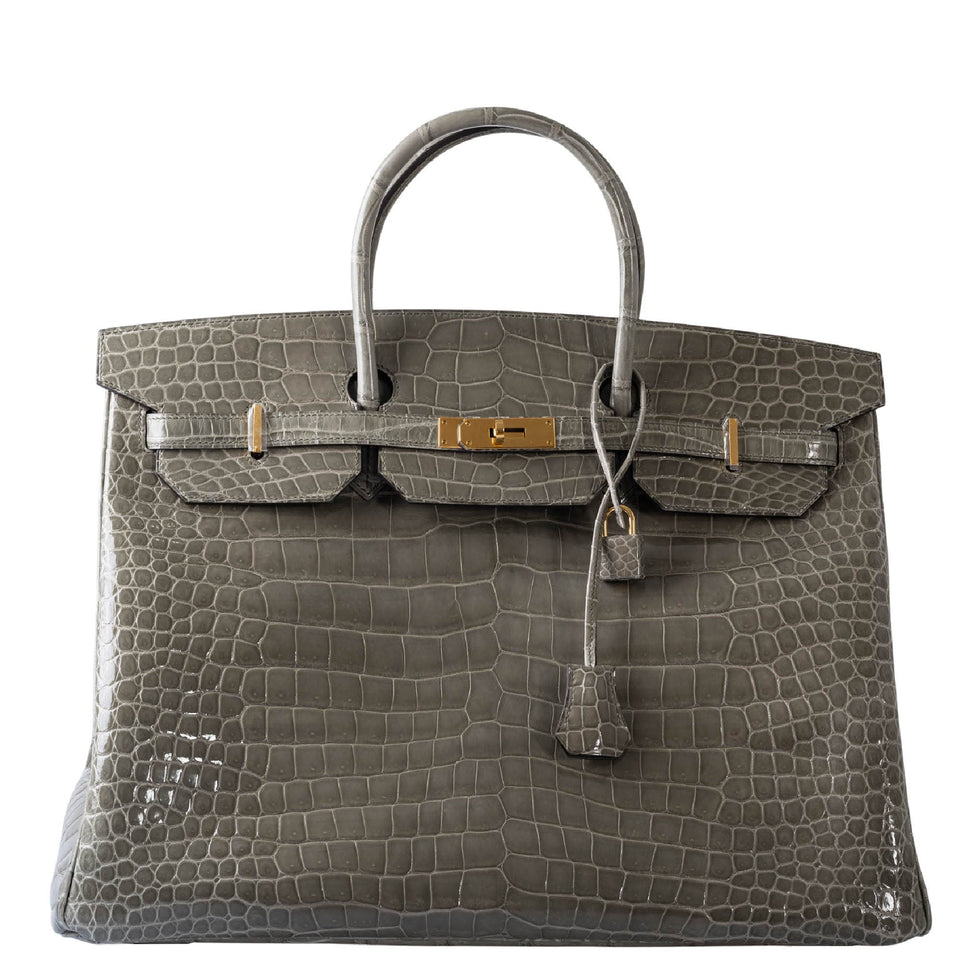 Hermes Birkin 40 Gris Tourterelle Shiny Porosus Crocodile Gold Hardware