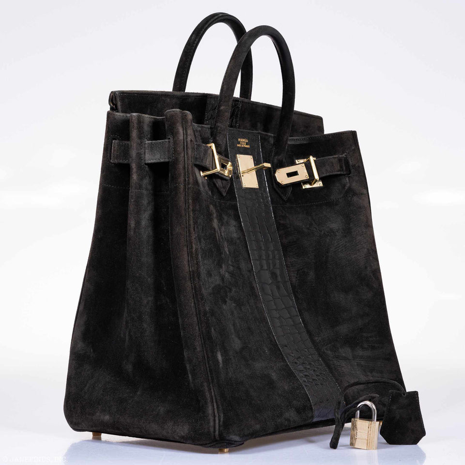 Hermes Birkin 40 HAC Black Doblis Suede and Crocodile Gold Hardware