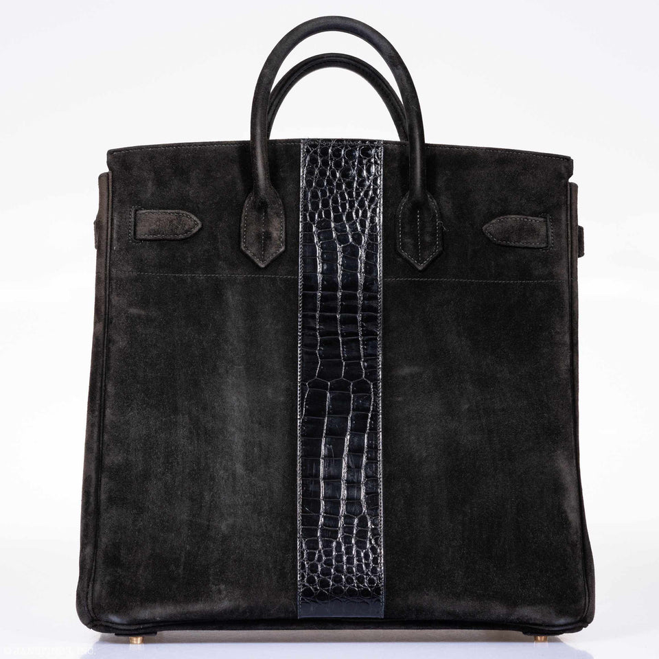 Hermes Birkin 40 HAC Black Doblis Suede and Crocodile Gold Hardware