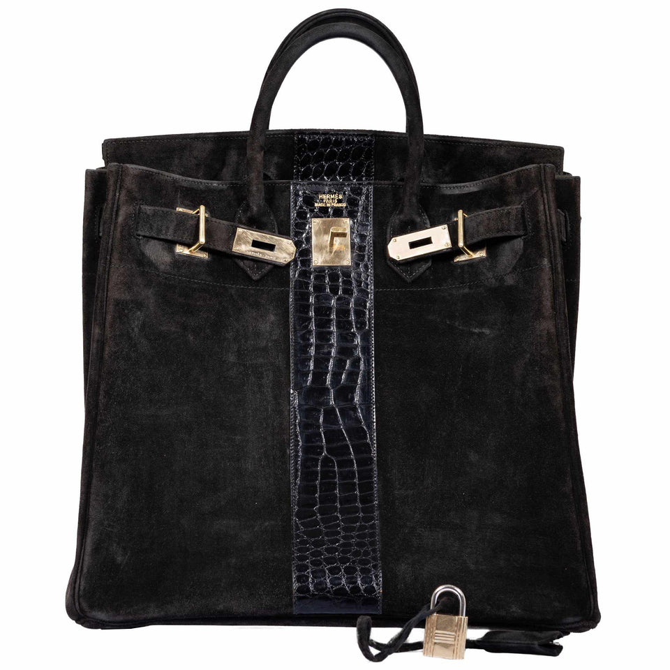 Hermes Birkin 40 HAC Black Doblis Suede and Crocodile Gold Hardware
