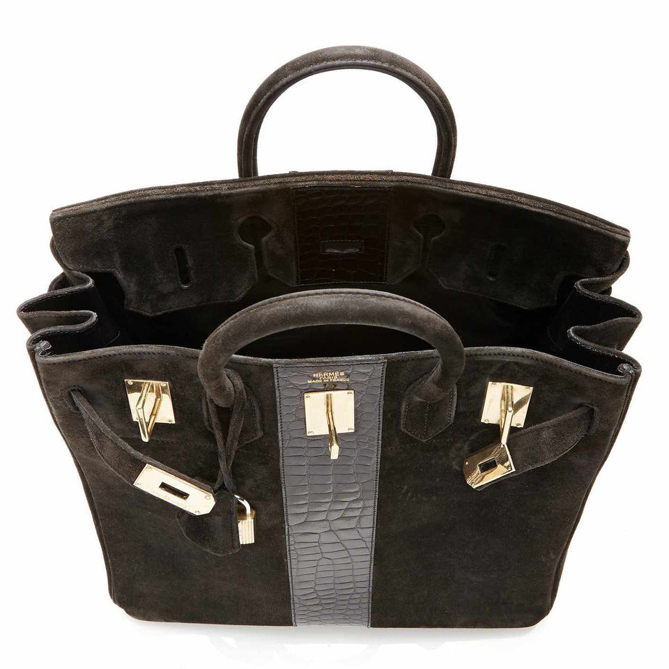 Hermes Birkin 40 HAC Black Suede & Crocodile Gold Hardware - Rare