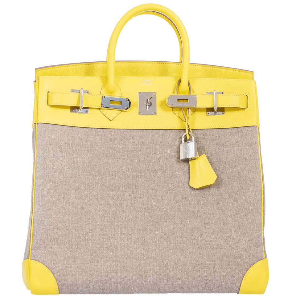 Hermes Birkin 40 HAC Lime & Ficelle Evercolor Toile De Camp Palladium Hardware - Runway