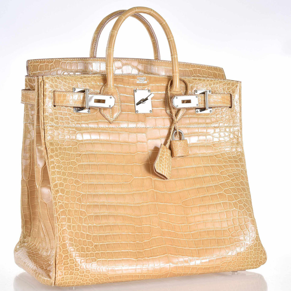 Hermes Birkin 40 HAC Poussiere Porosus Crocodile Beige Palladium Hardware
