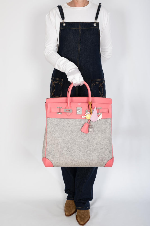 Hermes Birkin 40 HAC Rose Azalée Evercolor leather and Gris Clair Wool Toudou Palladium Hardware