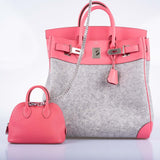 Hermes Birkin 40 HAC Rose Azalée Evercolor leather and Gris Clair Wool Toudou Palladium Hardware