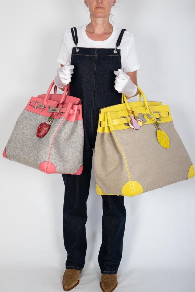 Hermes Birkin 40 HAC Rose Azalée Evercolor leather and Gris Clair Wool Toudou Palladium Hardware