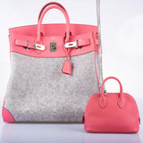 Hermes Birkin 40 HAC Rose Azalée Evercolor leather and Gris Clair Wool Toudou Palladium Hardware