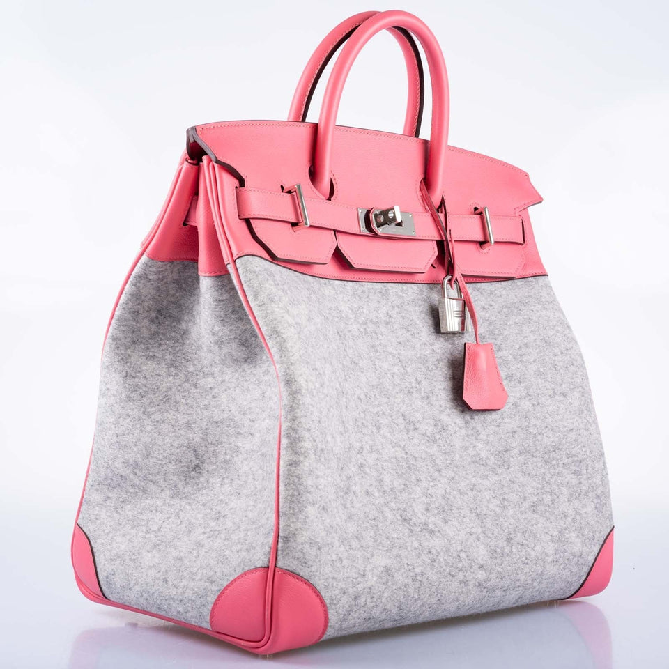 Hermes Birkin 40 HAC Rose Azalée Evercolor leather and Gris Clair Wool Toudou Palladium Hardware