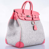 Hermes Birkin 40 HAC Rose Azalée Evercolor leather and Gris Clair Wool Toudou Palladium Hardware