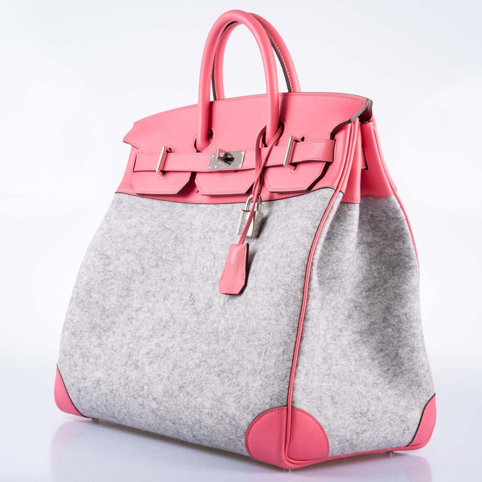 Hermes Birkin 40 HAC Rose Azalée Evercolor leather and Gris Clair Wool Toudou Palladium Hardware