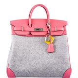 Hermes Birkin 40 HAC Rose Azalée Evercolor leather and Gris Clair Wool Toudou Palladium Hardware