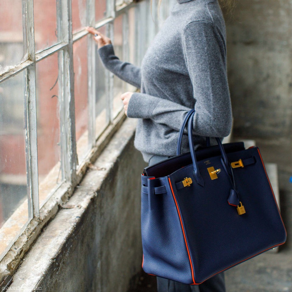 Hermes Birkin 40 HSS Blue Nuit & Orange Poppy Interior & Piping Togo Brushed Gold Hardware