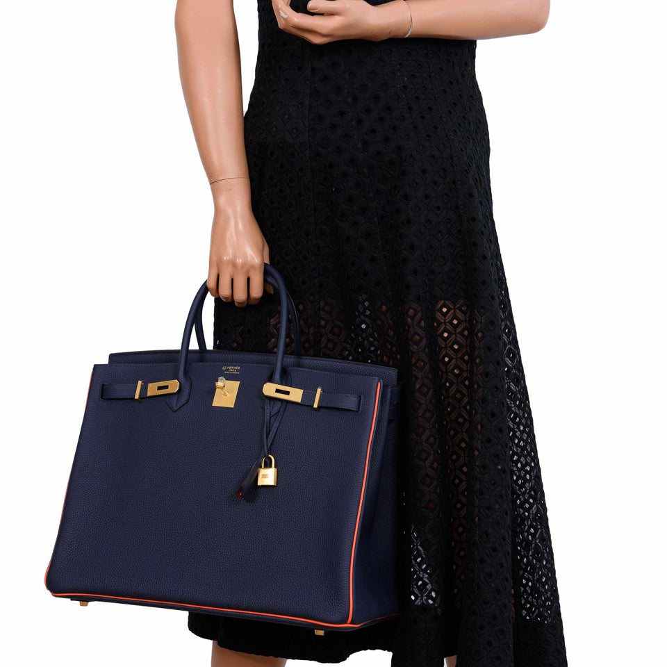 Hermes Birkin 40 HSS Blue Nuit & Orange Poppy Interior & Piping Togo Brushed Gold Hardware