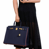 Hermes Birkin 40 HSS Blue Nuit & Orange Poppy Interior & Piping Togo Brushed Gold Hardware