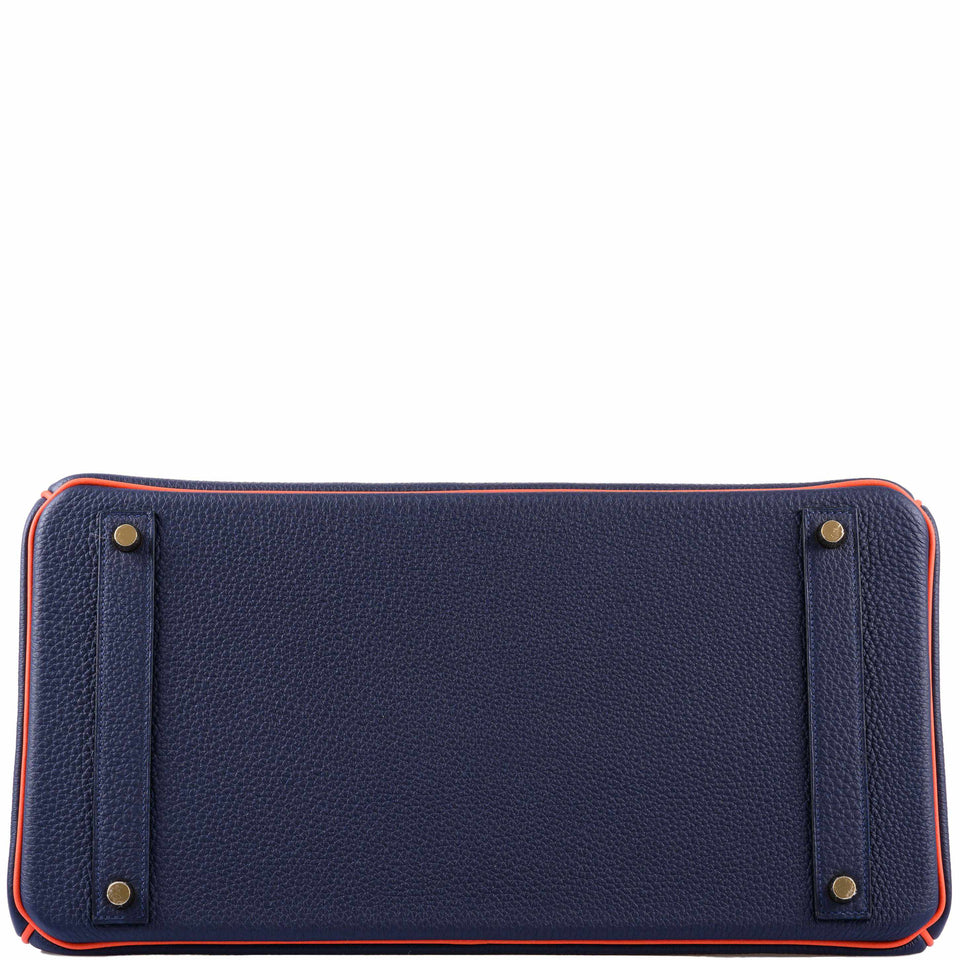 Hermes Birkin 40 HSS Blue Nuit & Orange Poppy Interior & Piping Togo Brushed Gold Hardware