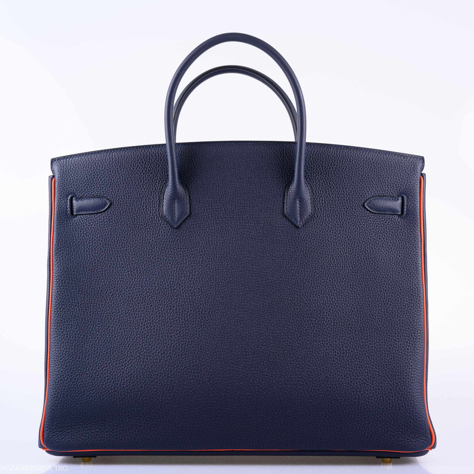 Hermes Birkin 40 HSS Blue Nuit & Orange Poppy Interior & Piping Togo Brushed Gold Hardware