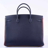 Hermes Birkin 40 HSS Blue Nuit & Orange Poppy Interior & Piping Togo Brushed Gold Hardware