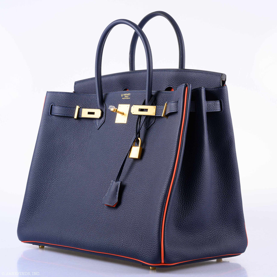 Hermes Birkin 40 HSS Blue Nuit & Orange Poppy Interior & Piping Togo Brushed Gold Hardware