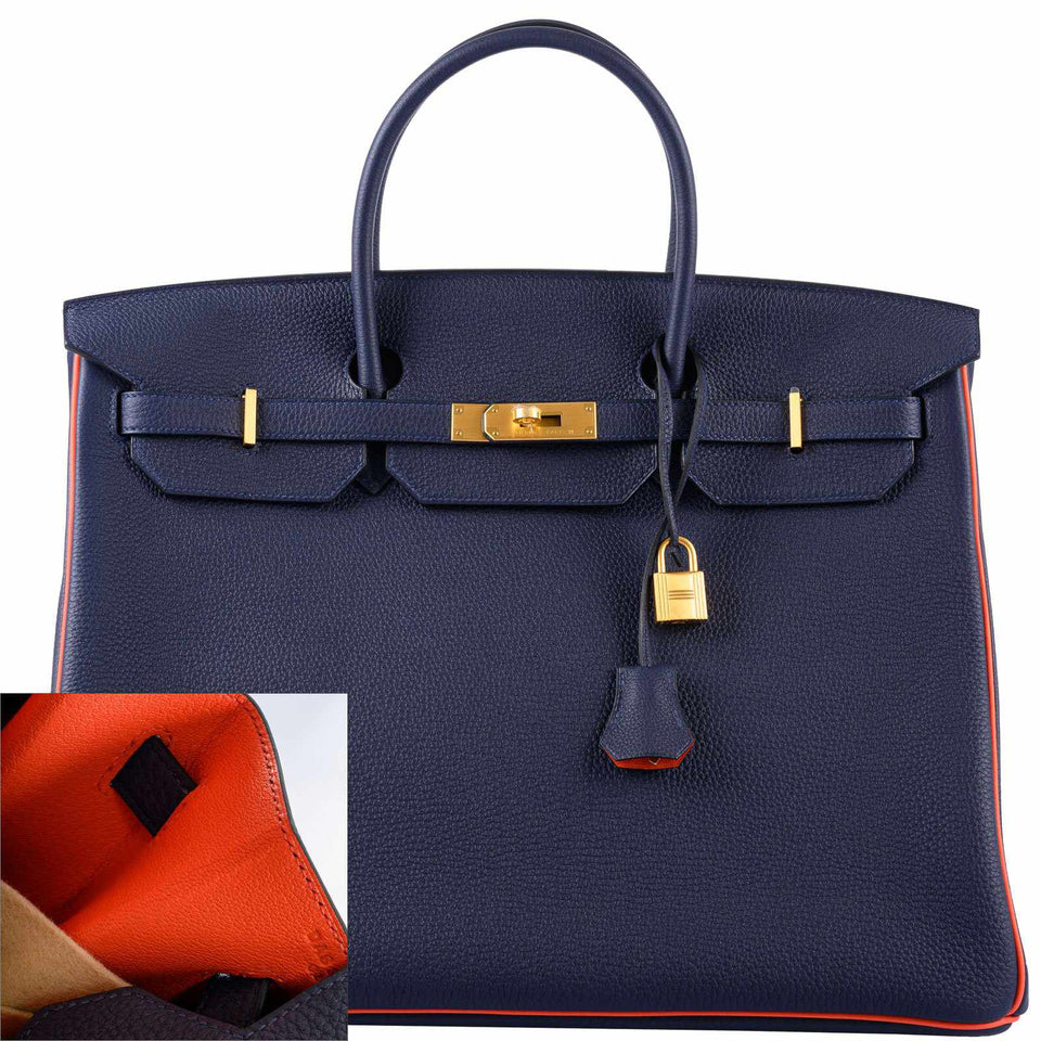 Hermes Birkin 40 HSS Blue Nuit & Orange Poppy Interior & Piping Togo Brushed Gold Hardware