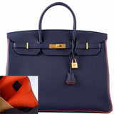Hermes Birkin 40 HSS Blue Nuit & Orange Poppy Interior & Piping Togo Brushed Gold Hardware