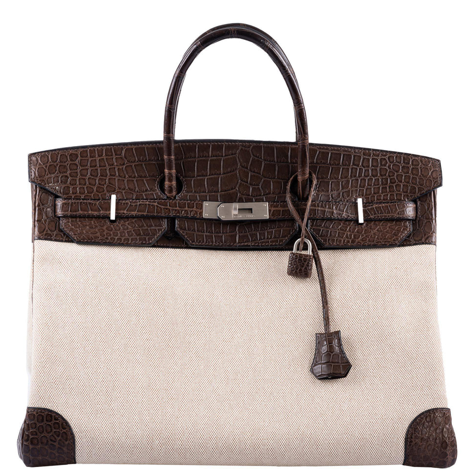 Hermes Birkin 40 Havane Matte Porosus Crocodile & Toile Brushed Palladium Hardware