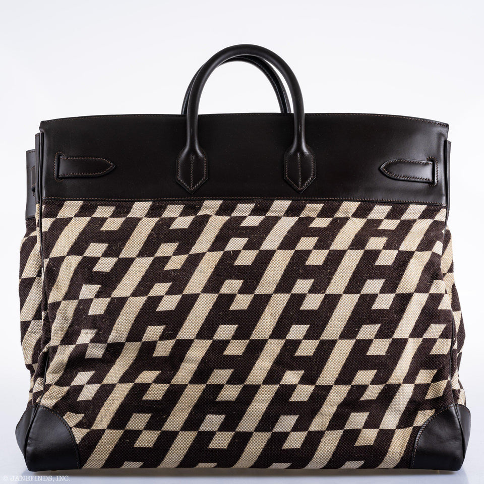 Hermes Birkin 50 HAC 1985 Ligne Ulysse Marron Fonce, Toile "H" Pattern Gilt Metal Hardware