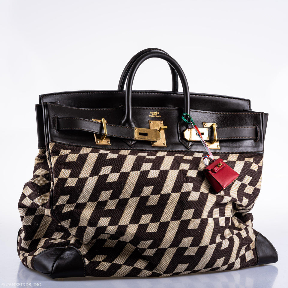 Hermes Birkin 50 HAC 1985 Ligne Ulysse Marron Fonce, Toile "H" Pattern Gilt Metal Hardware