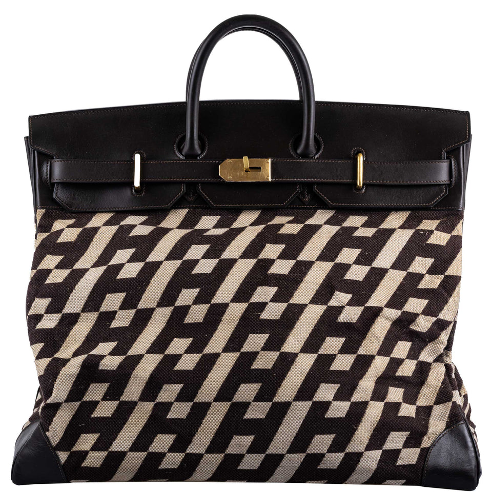 Hermes Birkin 50 HAC 1985 Ligne Ulysse Marron Fonce, Toile "H" Pattern Gilt Metal Hardware