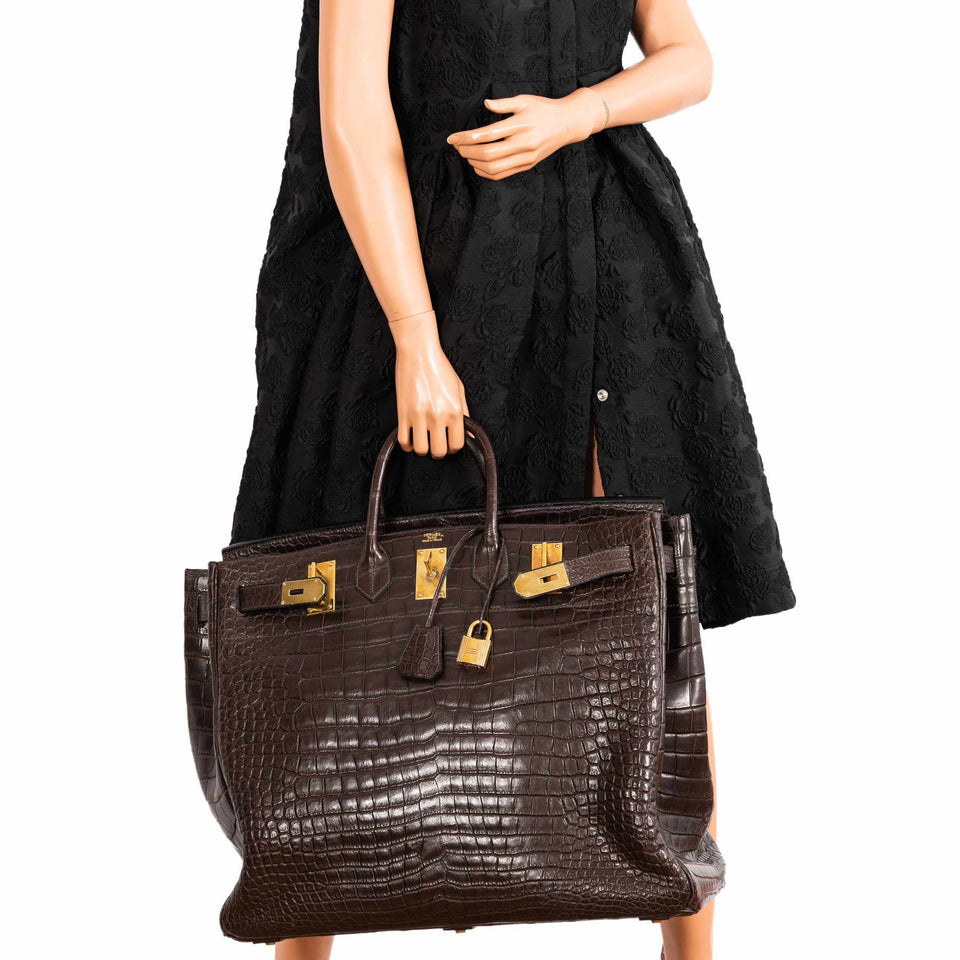 Hermes Birkin 50 HAC Ebene Porosus Crocodile Bronze Hardware