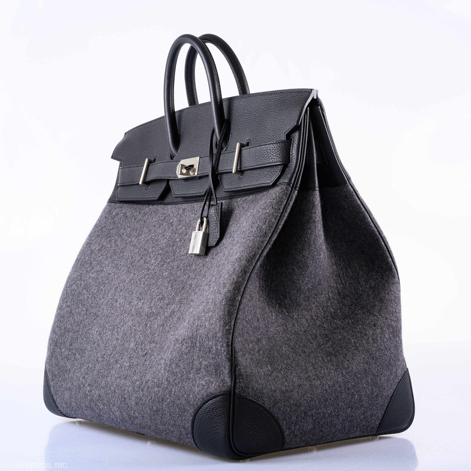 Hermes Birkin 50 HAC Gray Feutre Wool & Black Togo Leather Palladium Hardware - 2017, A