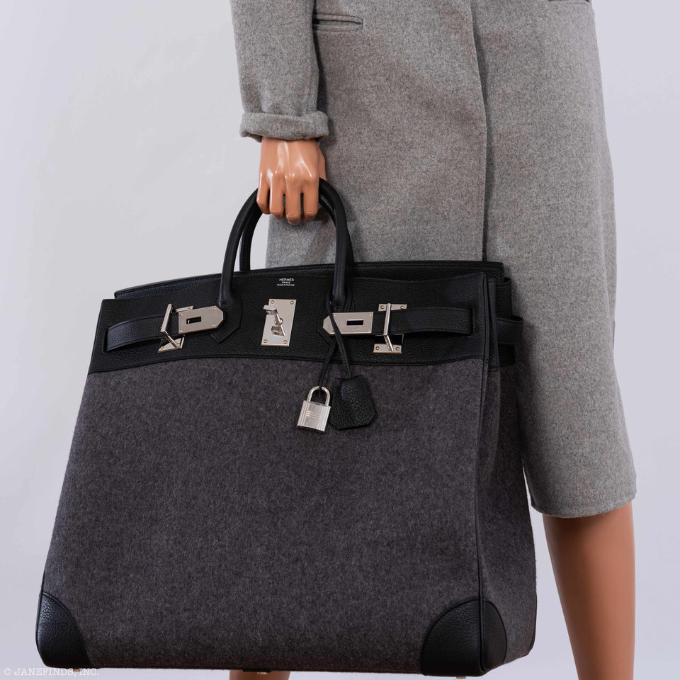 Hermes Birkin 50 HAC Gray Feutre Wool & Black Togo Leather Palladium Hardware - 2017, A