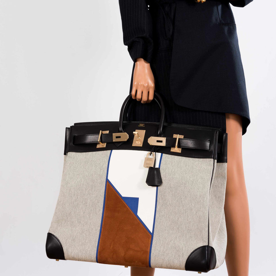 Hermes Birkin 50 HAC Toile Suede And Swift Brushed Gold Hardware Runway