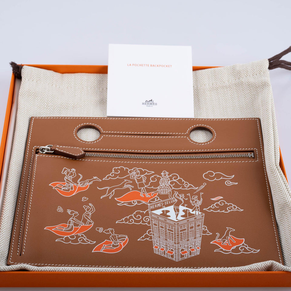 Hermes Birkin Pochette Backpocket Printed Gold Swift with Palladium Hardware - 2021, Z
