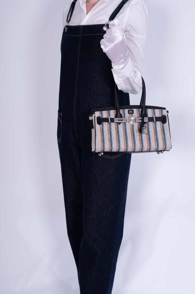 Hermes Birkin Shoulder Light 29 in Black Evercolor and Embroidered Toile Palladium Hardware