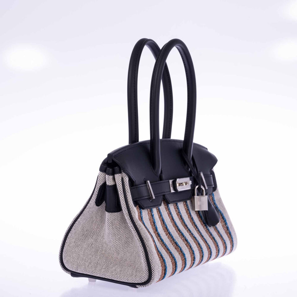 Hermes Birkin Shoulder Light 29 in Black Evercolor and Embroidered Toile Palladium Hardware