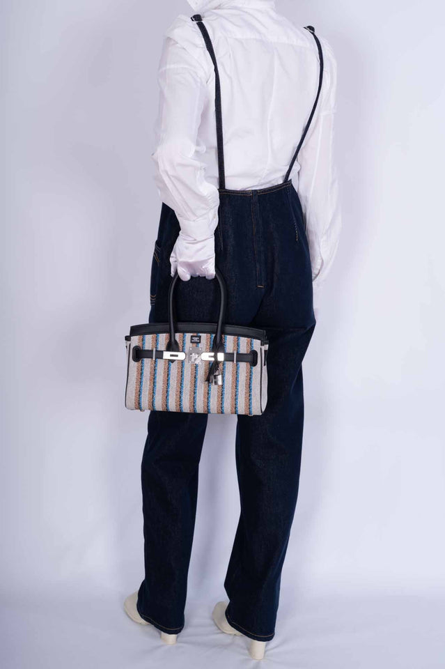 Hermes Birkin Shoulder Light 29 in Black Evercolor and Embroidered Toile Palladium Hardware