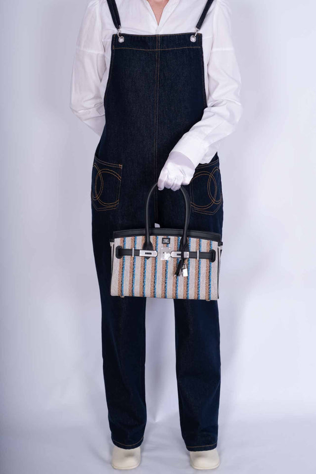 Hermes Birkin Shoulder Light 29 in Black Evercolor and Embroidered Toile Palladium Hardware