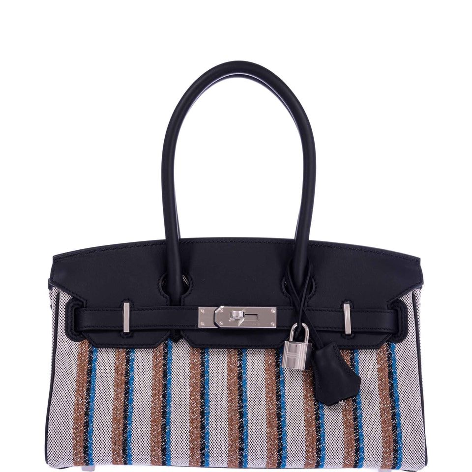 Hermes Birkin Shoulder Light 29 in Black Evercolor and Embroidered Toile Palladium Hardware