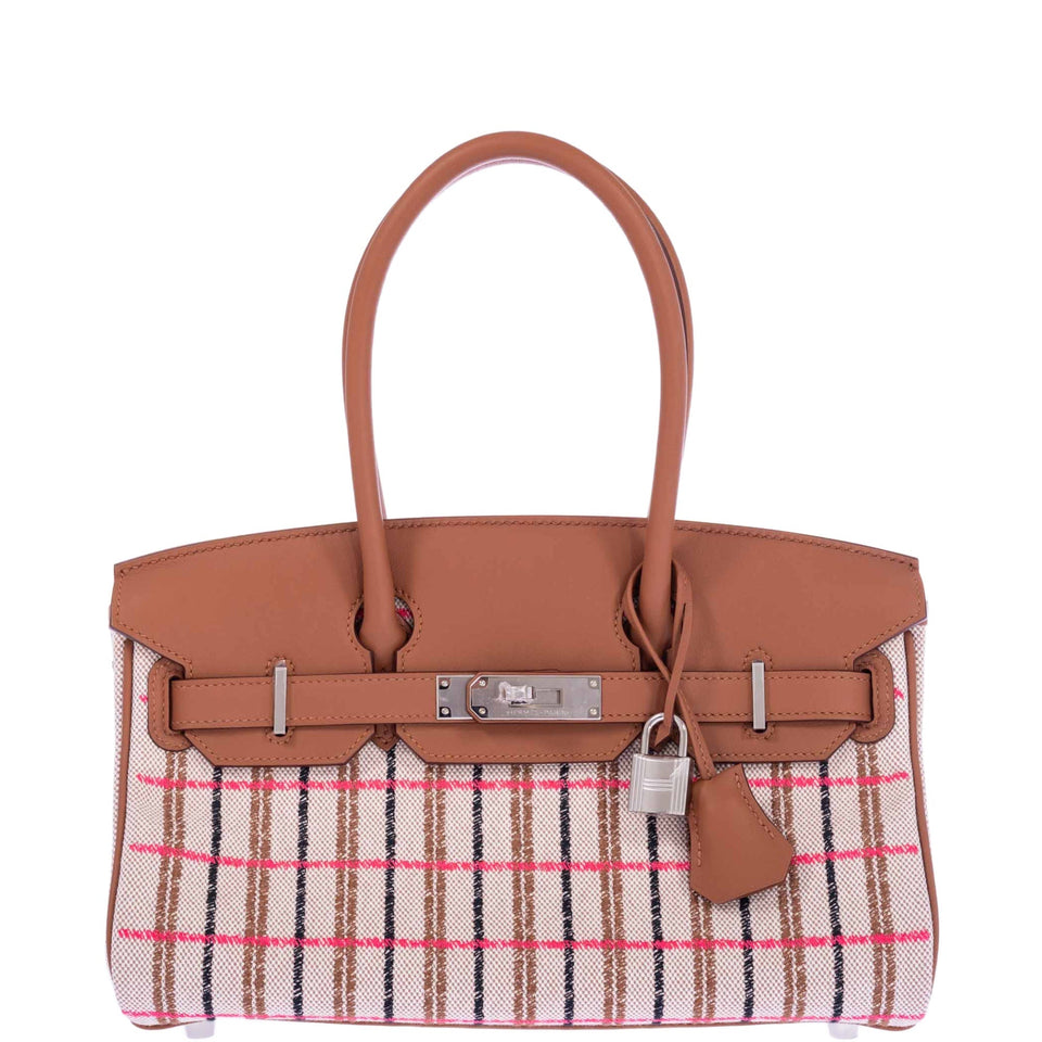 Hermes Birkin Shoulder Light 29 in Gold Evercolor and Embroidered Rose Pop, Black, Gold Toile Palladium Hardware