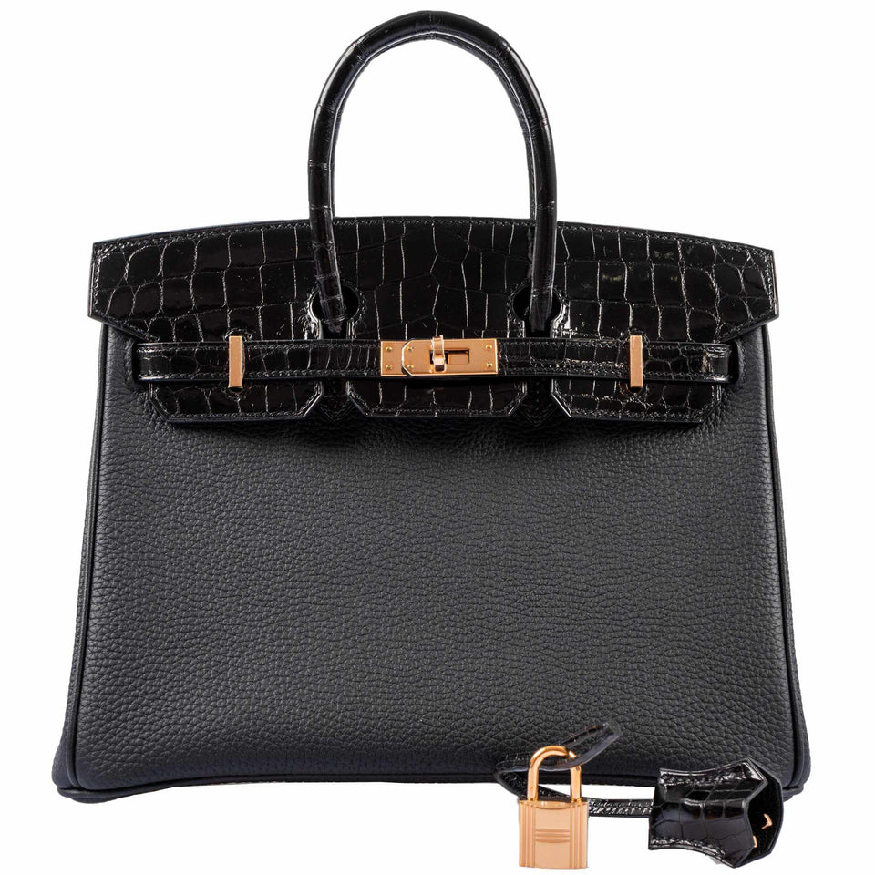 Hermes Birkin Touch 25 Black Togo & Niloticus Crocodile Rose Gold Hardware