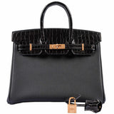 Hermes Birkin Touch 25 Black Togo & Niloticus Crocodile Rose Gold Hardware