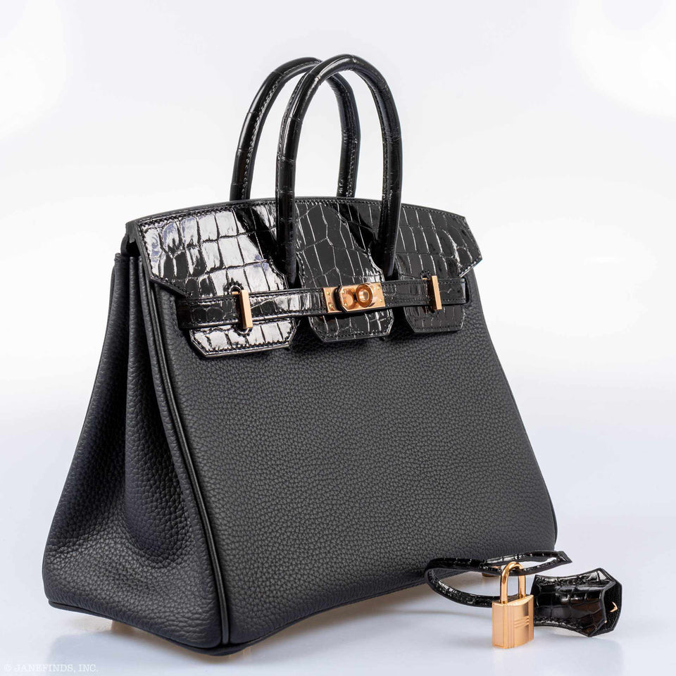 Hermes Birkin Touch 25 Black Togo & Niloticus Crocodile Rose Gold Hardware