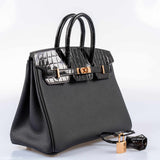 Hermes Birkin Touch 25 Black Togo & Niloticus Crocodile Rose Gold Hardware