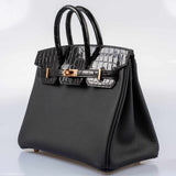 Hermes Birkin Touch 25 Black Togo & Niloticus Crocodile Rose Gold Hardware