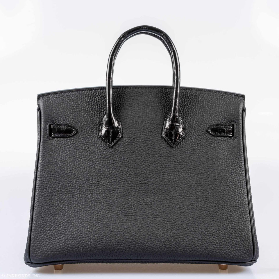 Hermes Birkin Touch 25 Black Togo & Niloticus Crocodile Rose Gold Hardware